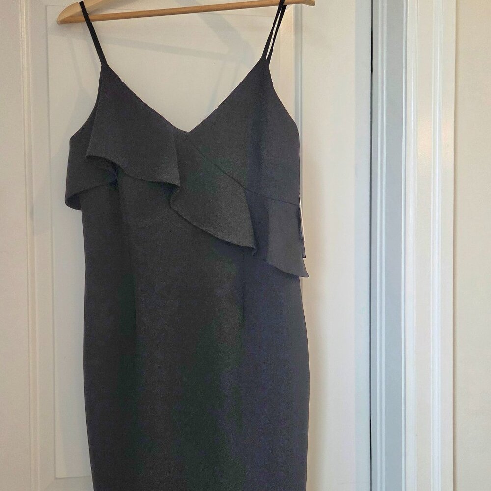 Calvin Klein cocktail dress black spagetti strap ruffles stretchy size 12 NWT